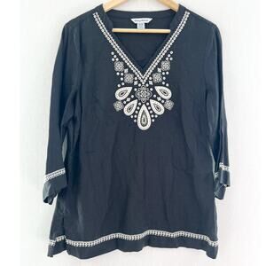Tommy Bahama Women's Black Embroidered Linen V Neck Tunic Blouse Medium Boho